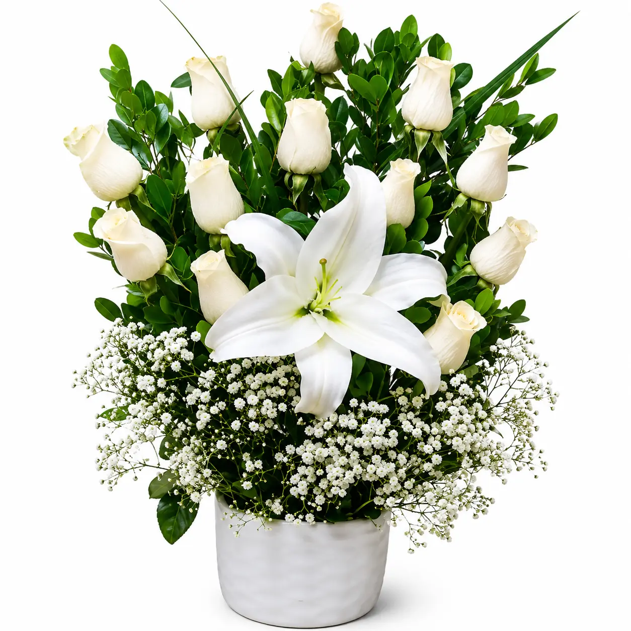arreglo floral de rosas blancas en florero para velorios delivery de flores en Lima